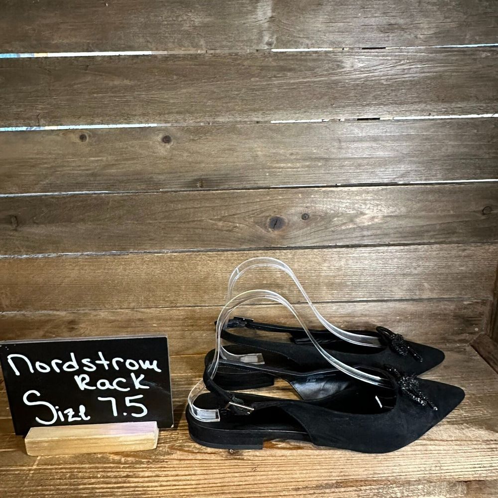 New Womens Nordstrom Rack Blair Bow Black Faux Suede Slingback Flats Size 7.5 M